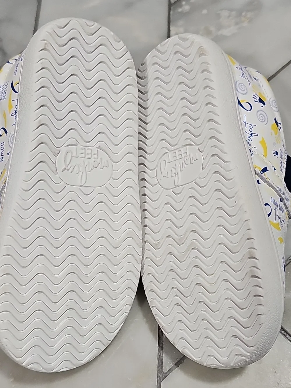 Monkey Feet White Slip-On Sneakers with Blue & Yellow Prints 12-18 Months